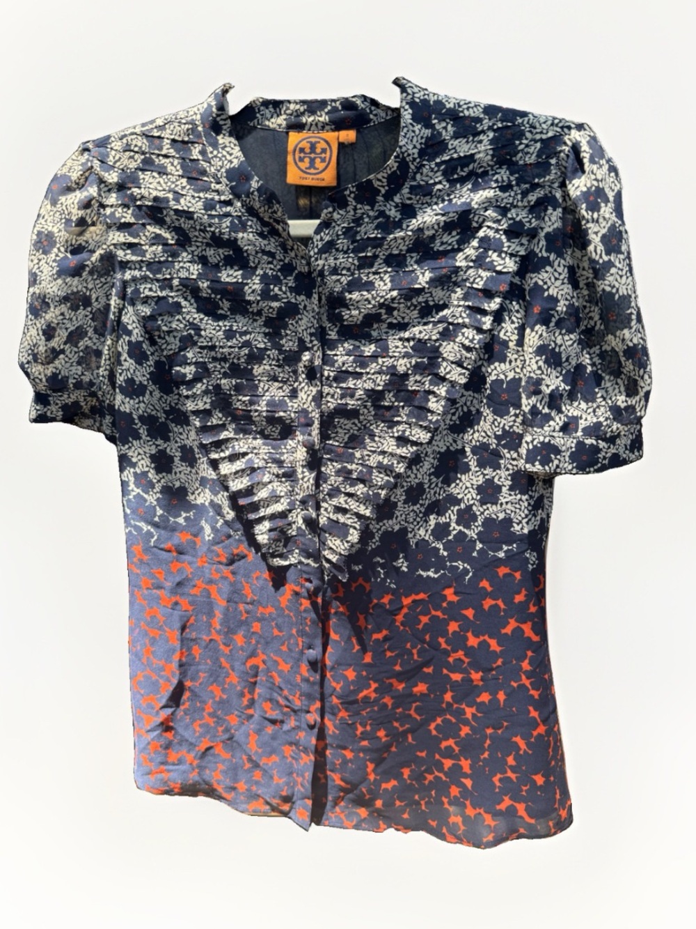 Tory Burch Navy and Red Floral-Accent Silk Top